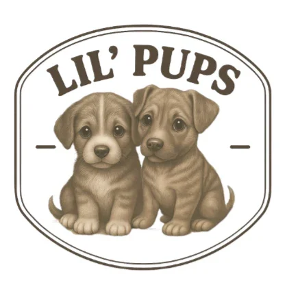 Illustration of two cute puppy dogs with the text 'Lil' Pups' above them, inside an oval frame.