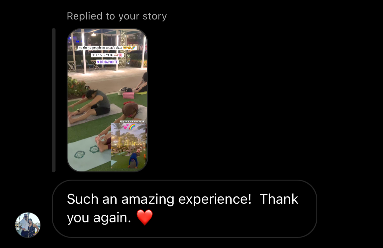 People participating in an outdoor yoga class on a grassy area at night, with some in a seated forward bend pose. There are fitness mats, water bottles, and bags nearby. Inset images show a cityscape at sunset and a person doing yoga on a lawn with p