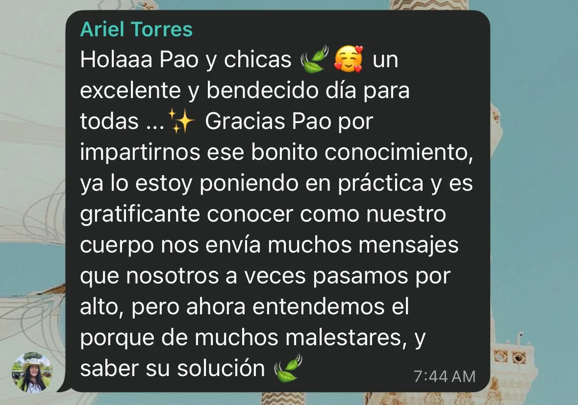 Screenshot of a message on a dark background with text in Spanish, mentioning Ariel Torres and expressing gratitude to Pao for sharing knowledge about self-care and understanding others' messages.