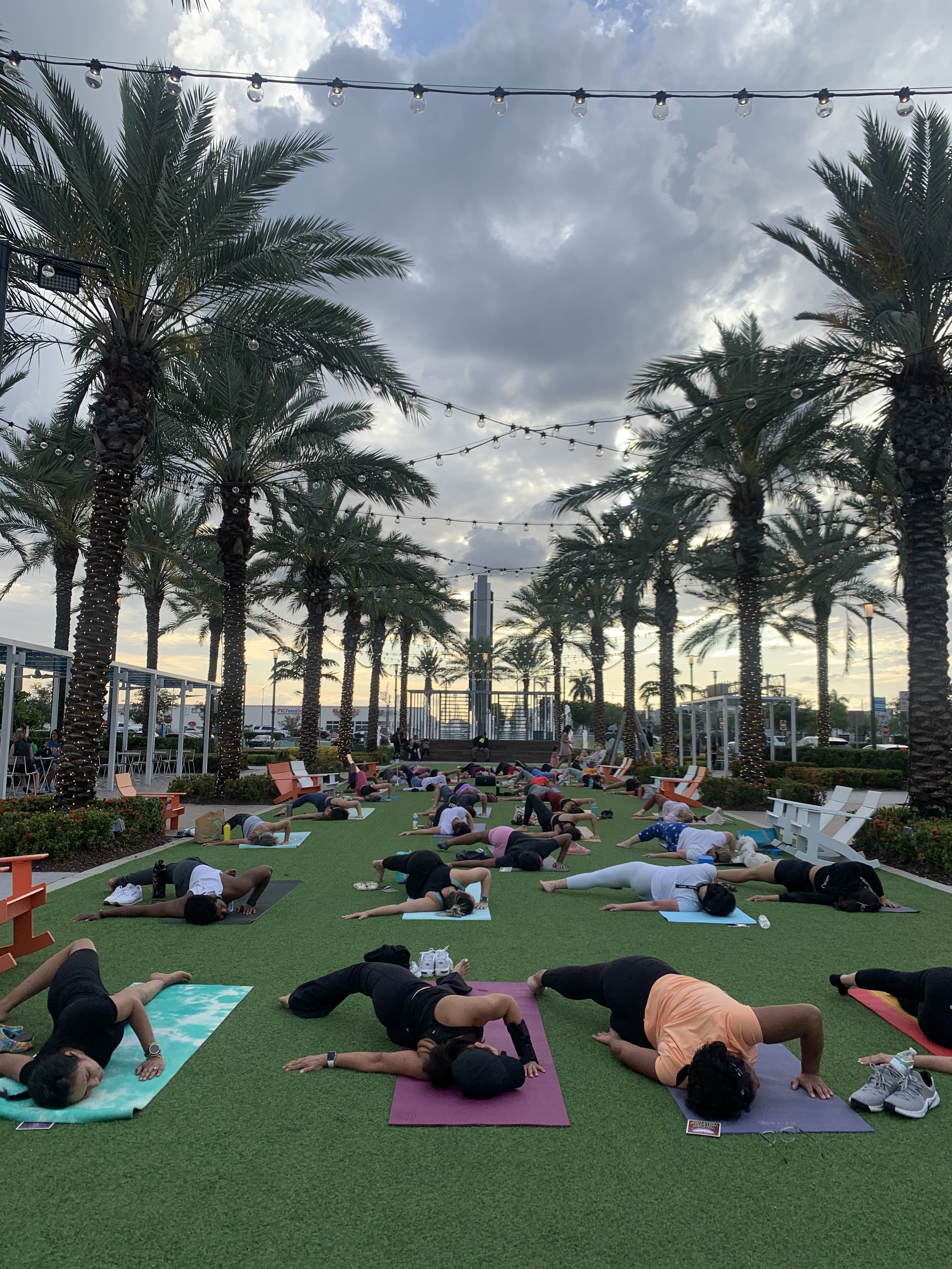 People participating in an outdoor yoga class at sunset, lying on yoga mats among palm trees with string lights overhead.