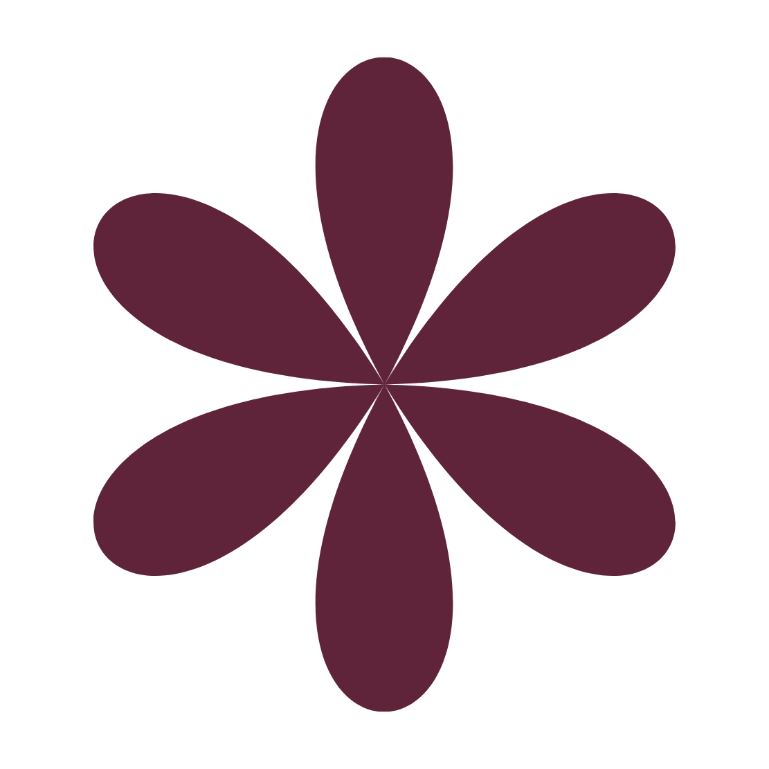 A stylized maroon flower with six petals on a black background.