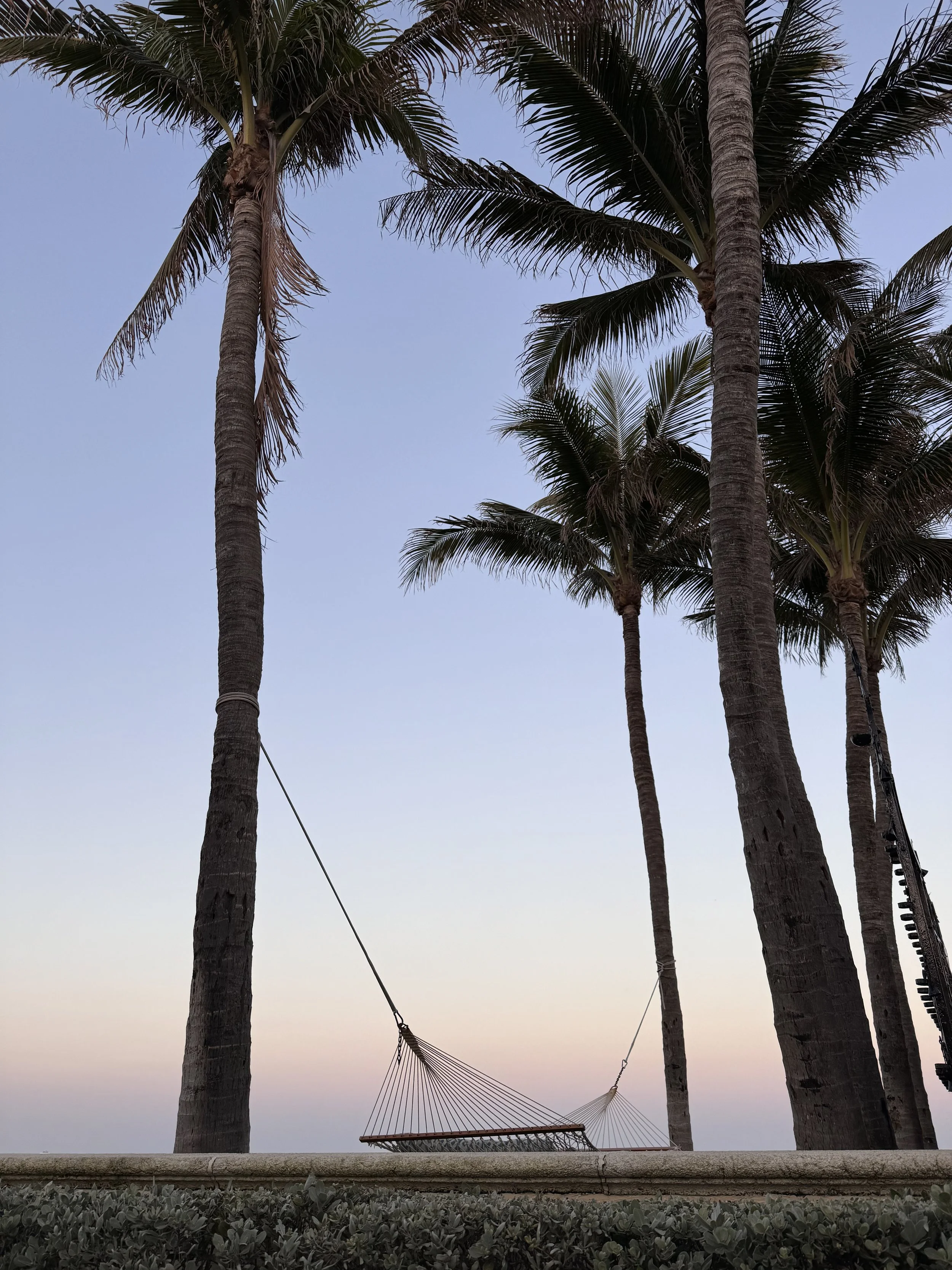 A hammock tied between several palm trees on a beach at sunset, with a pale blue sky and subtle pink and purple hues near the horizon.
