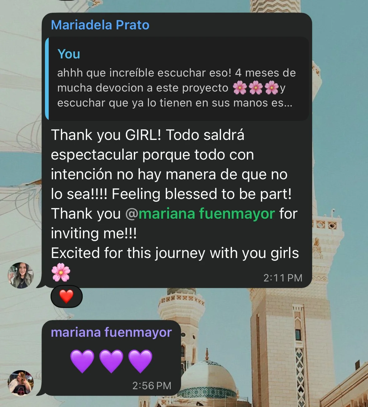 Screenshot of a WhatsApp conversation between Mariadela Prato and another person, with messages in Spanish and English, emojis, and a background of a mosque with minarets and domes.