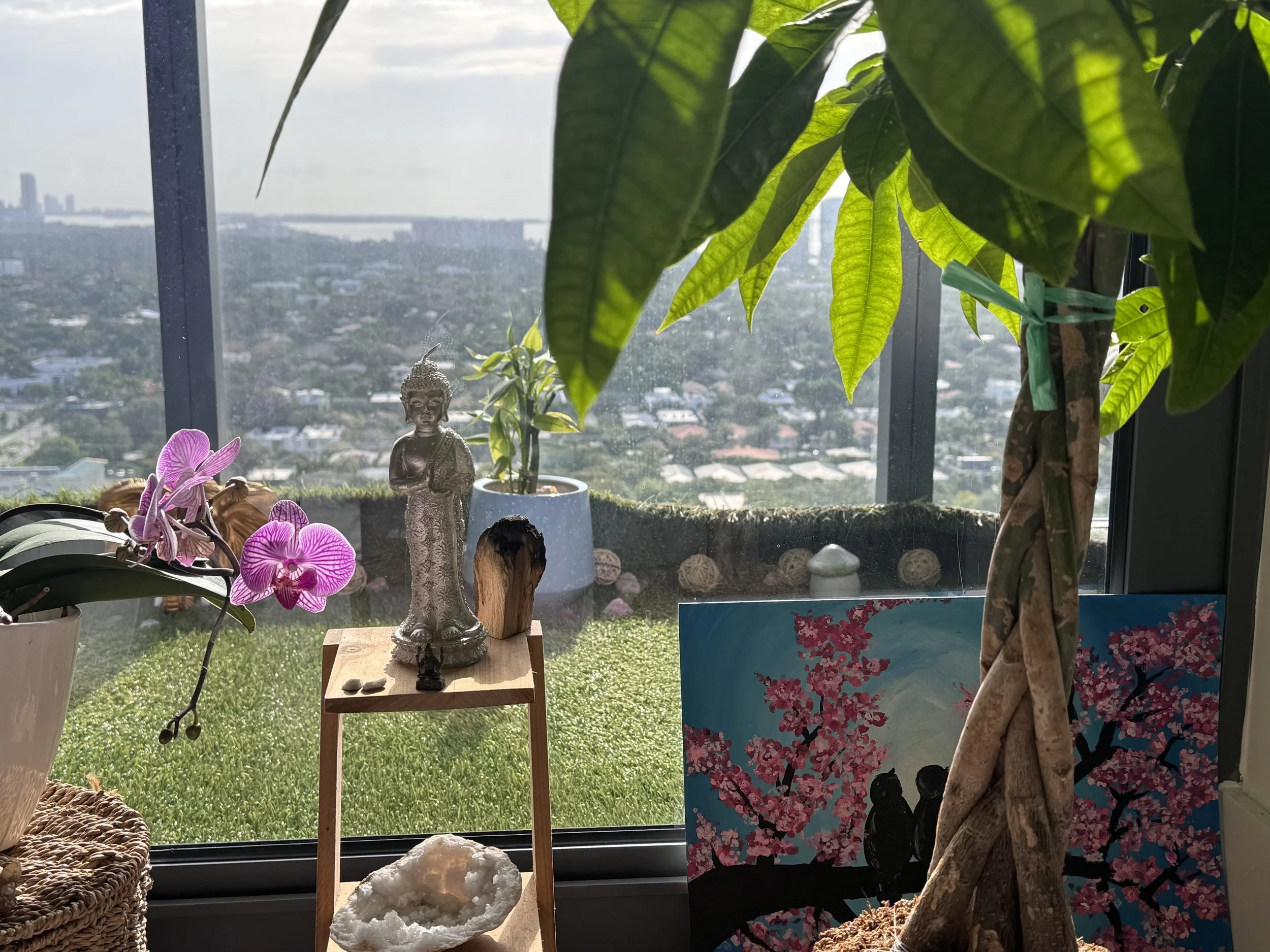 Interior of a room with plants and decorations near a large window showing a cityscape. There is a pink orchid on the left, a small Buddha statue center, a painting of cherry blossoms on the right, and various decorative items on the window ledge.
