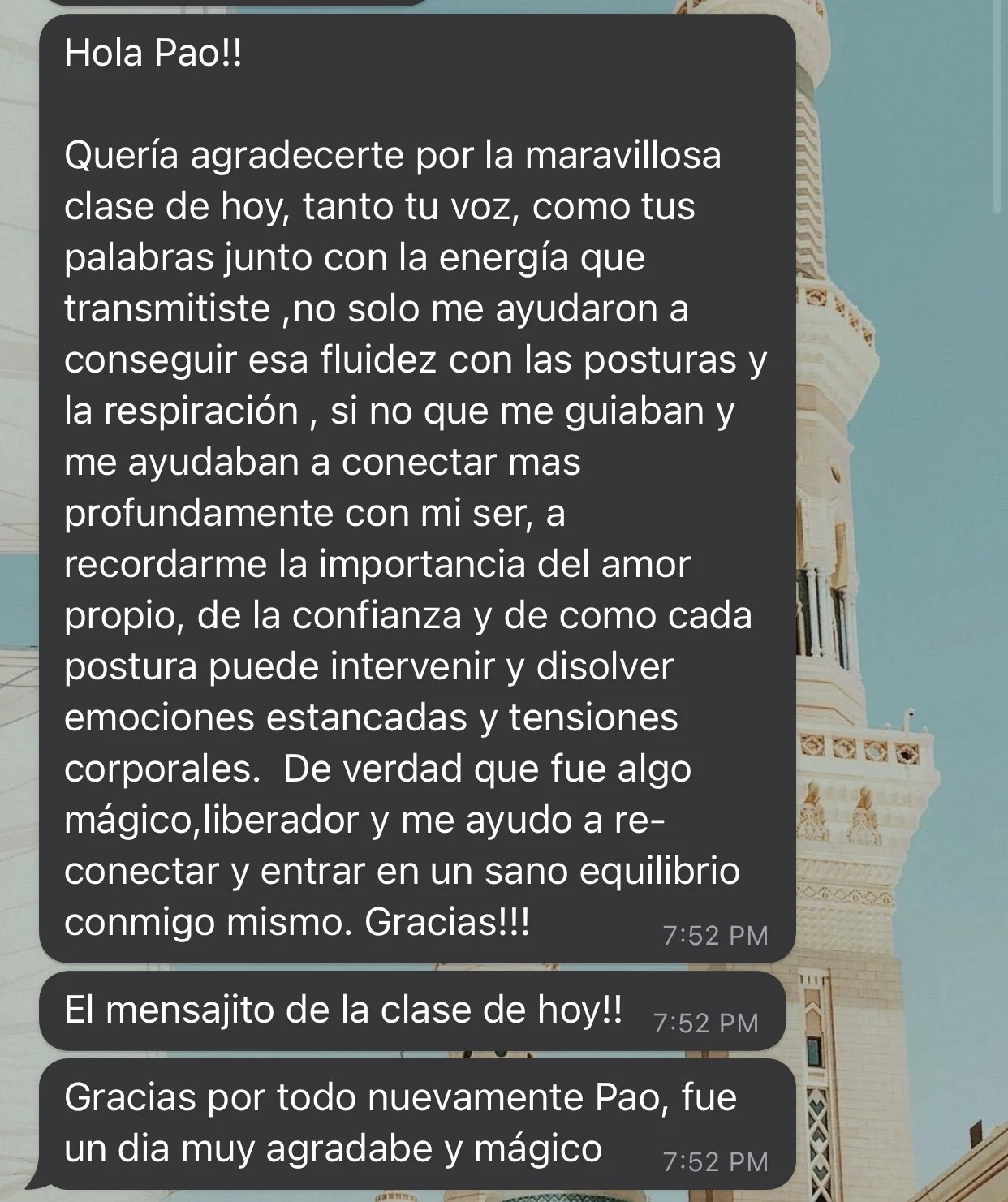 Screenshot of a WhatsApp conversation in Spanish, with a background of a castle or tower.