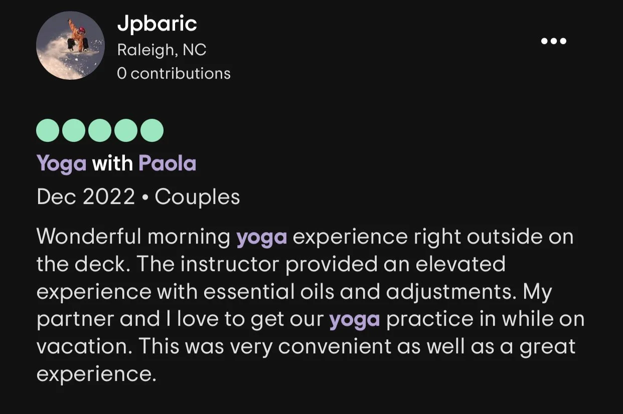 Social media profile of Jpbaric from Raleigh, NC, featuring a post about yoga with Paola in December 2022, discussing outdoor yoga on a deck with essential oils.