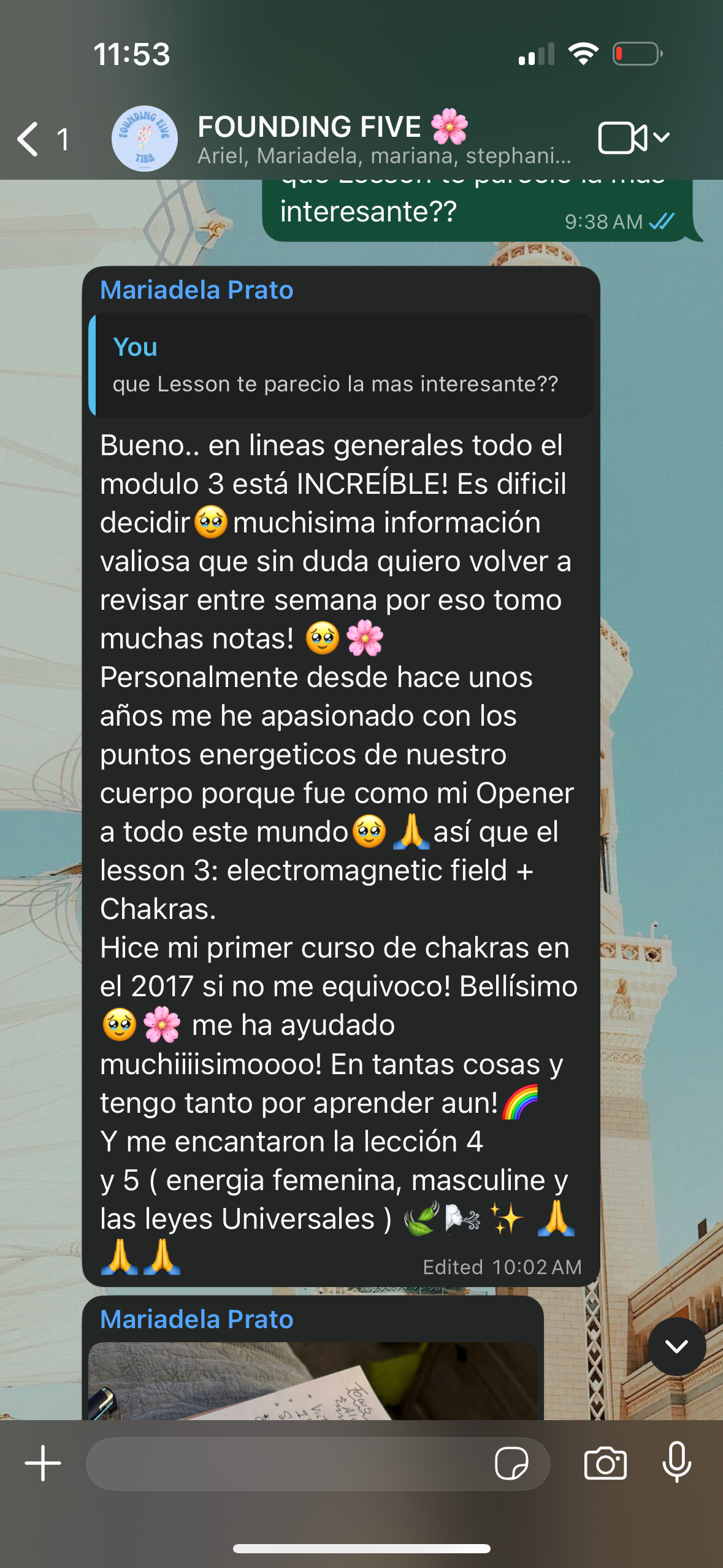 Chat conversation in a messaging app, with a discussion about lessons on electromagnetic fields and chakras, featuring emojis and a background with a building that resembles the Taj Mahal.