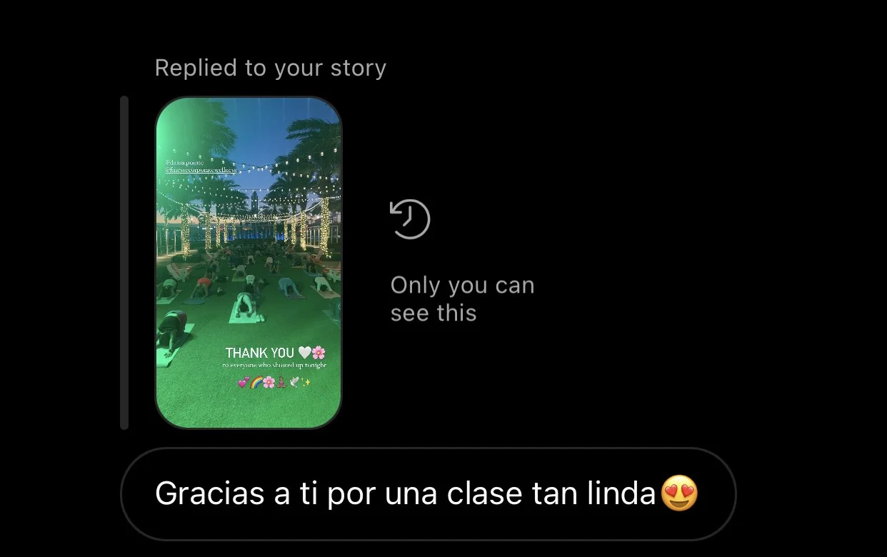 A screenshot of a social media story with an outdoor yoga class scene, showing people practicing yoga on mats under palm trees and string lights at dusk, with on-screen text expressing gratitude for a lovely class.