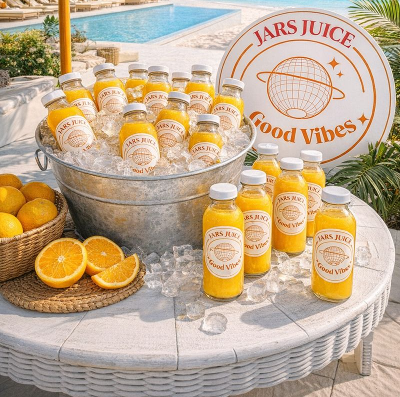 Bottles of orange juice labeled 'Jars Juice Good Vibes' arranged on a table with ice, with a basket of oranges and sliced oranges, pool in the background, and tropical plants nearby.