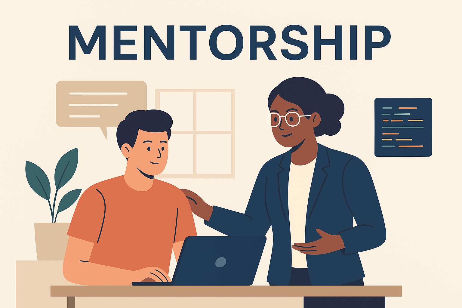 a woman on a suit with glasses, is mentoring a younger guy on his laptop. On the right side there's a block representing code