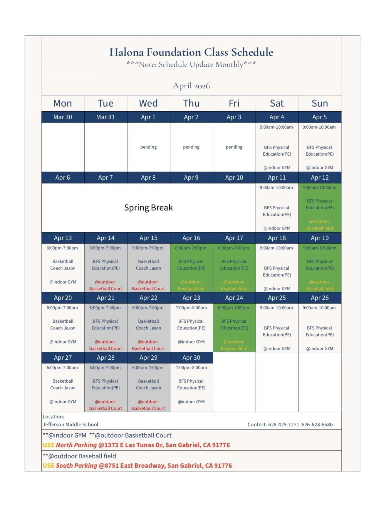 Our March and April schedule