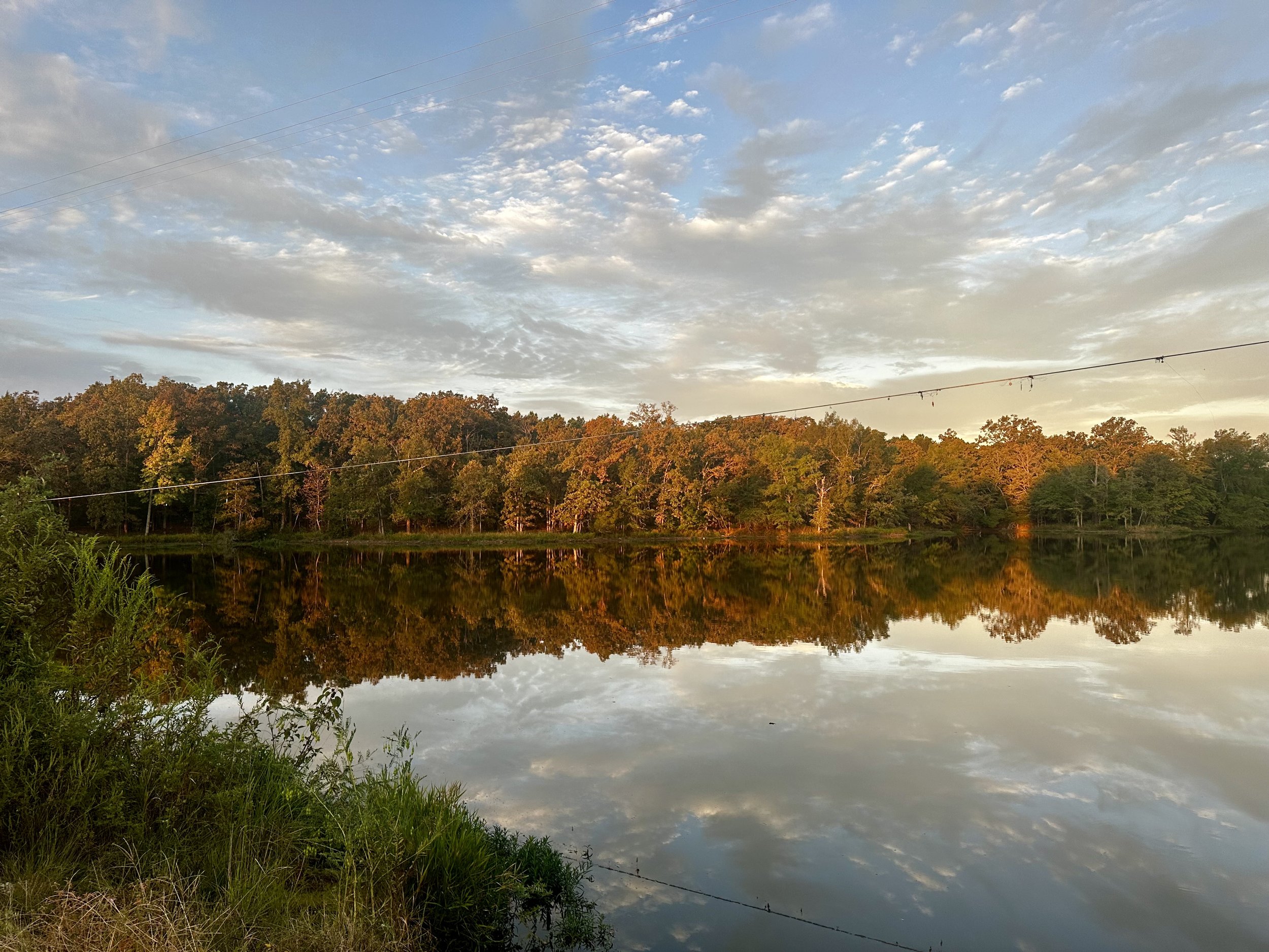 A scenic view of a calm river reflecting a partly cloudy sky and trees with green and orange foliage during a sunset.