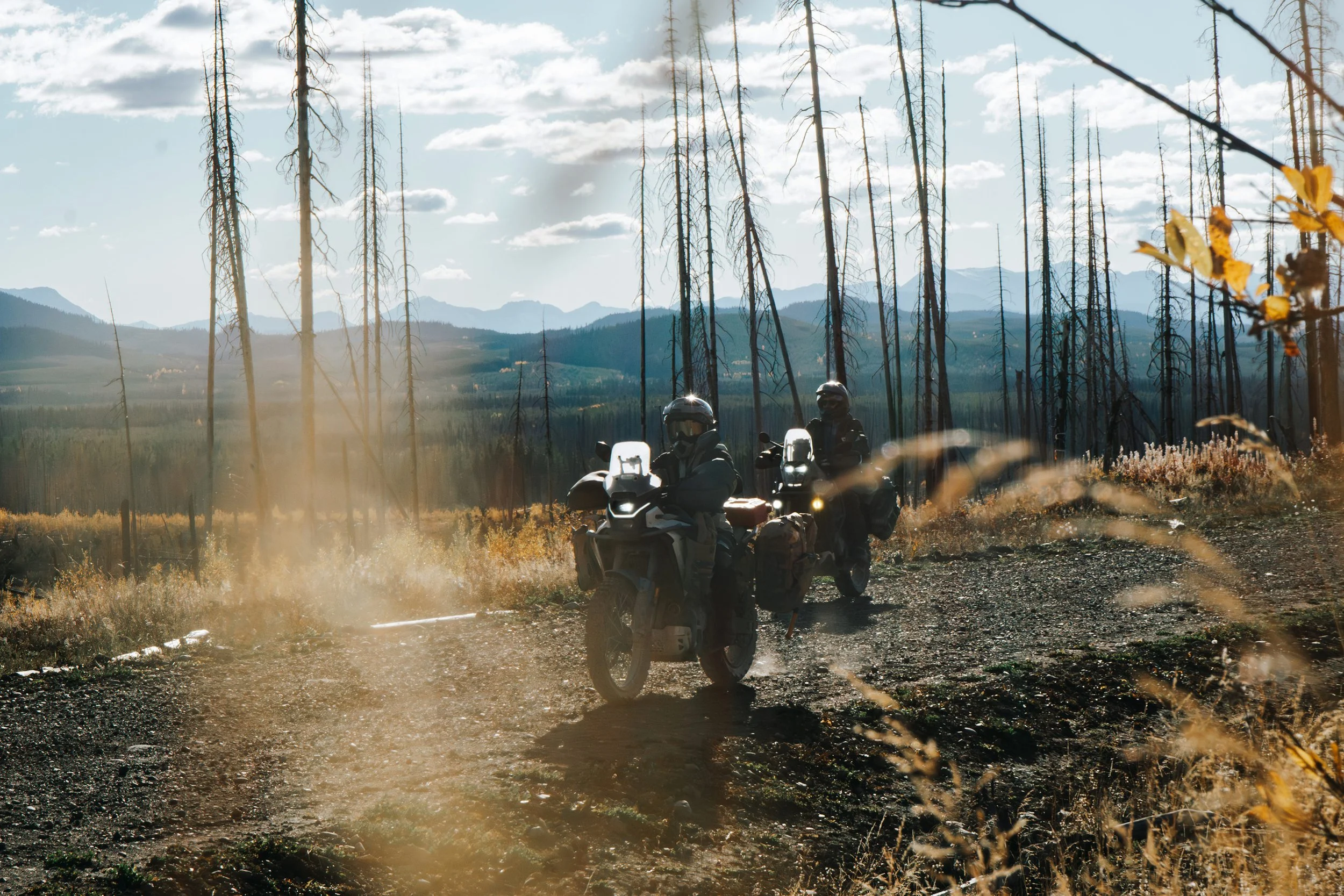 Two adventure motorcyclists riding a dirt road through the Northern BC backcountry.