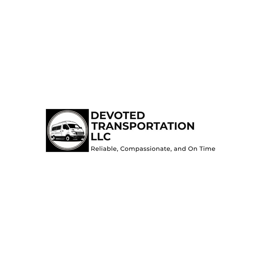 Logo for Devoted Transportation LLC with a van image and tagline 'Reliable, Compassionate, and On Time' in black and white.