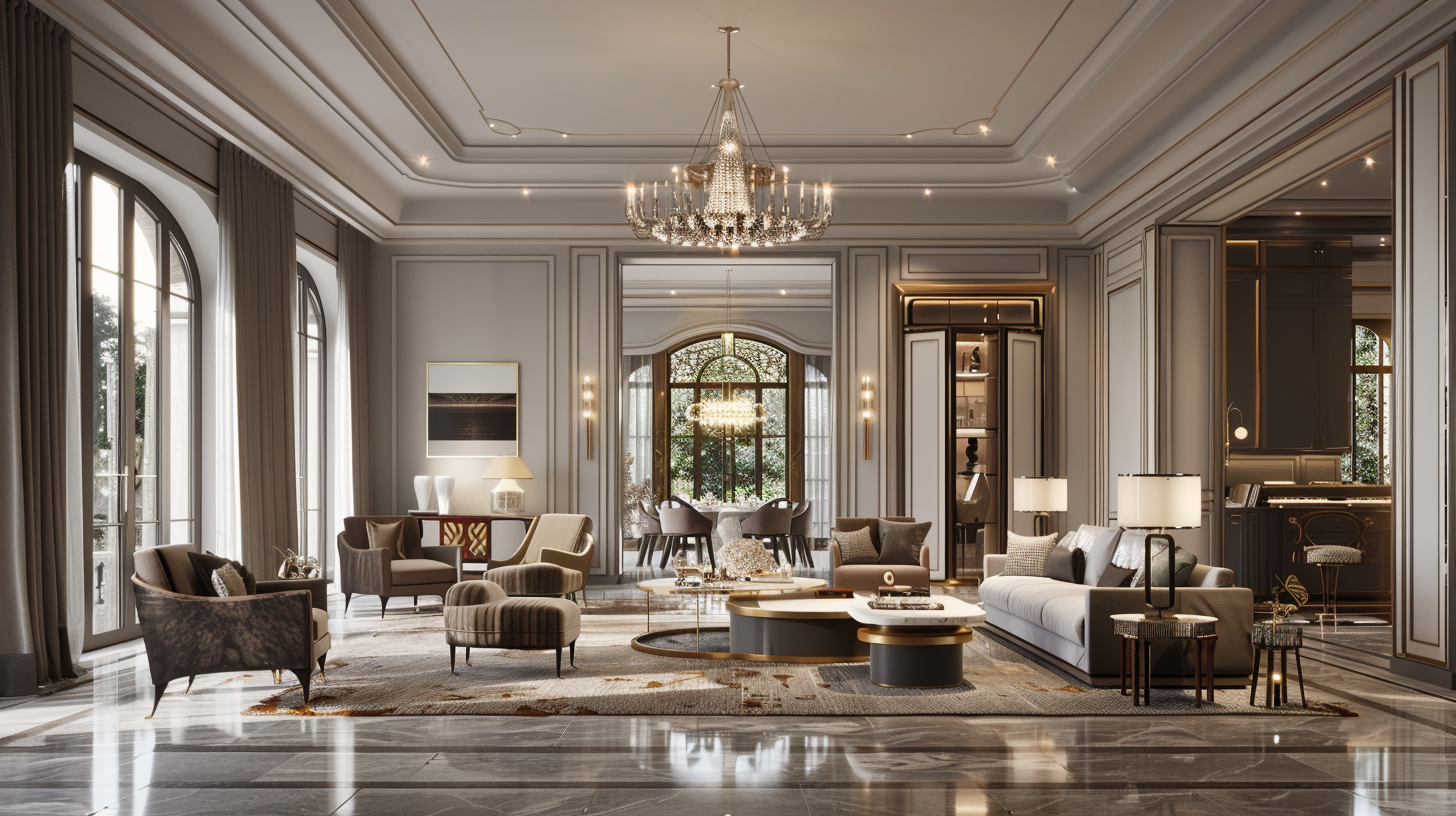 Elegant and luxurious living room with high ceilings, large windows, a chandelier, and modern furniture including sofas, armchairs, and tables, with a neutral color palette and decorative lighting.