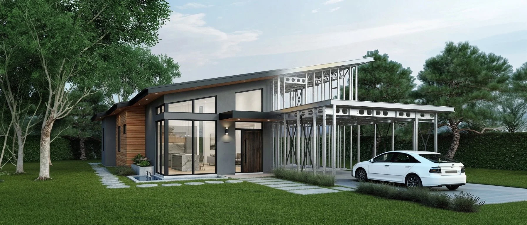 Modern house under construction with a white car parked outside, surrounded by green trees and grass.