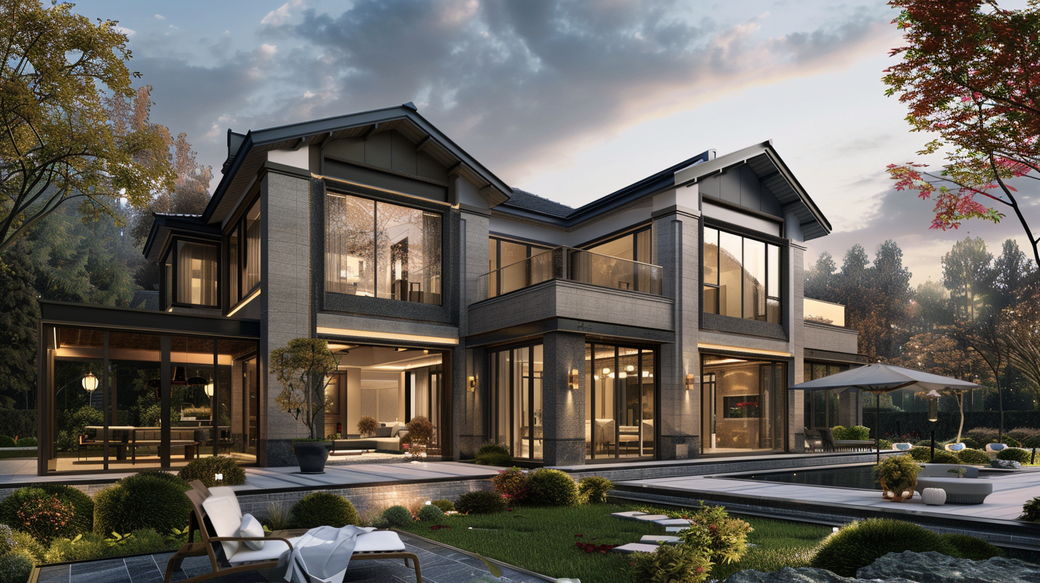 Modern multi-story house with large glass windows, surrounded by a landscaped yard with outdoor seating, umbrellas, and greenery at sunset.