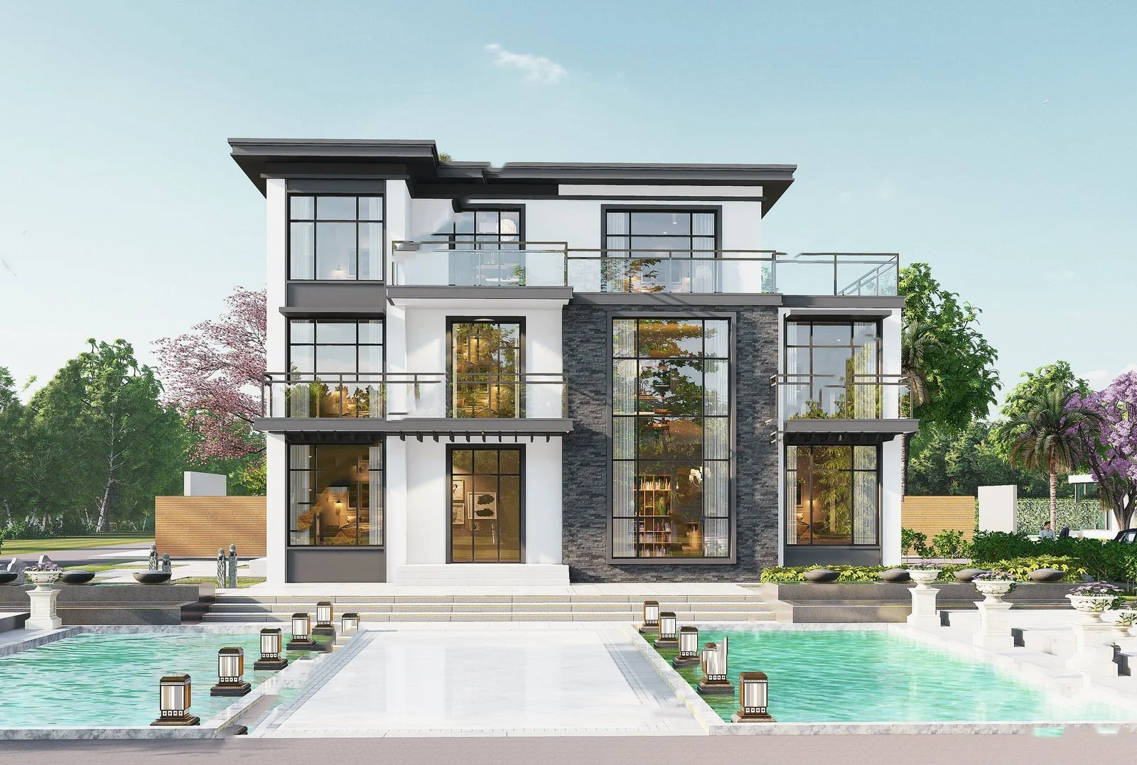 Modern multi-story house with large windows and balconies, surrounded by trees, with a swimming pool in front and outdoor lighting.