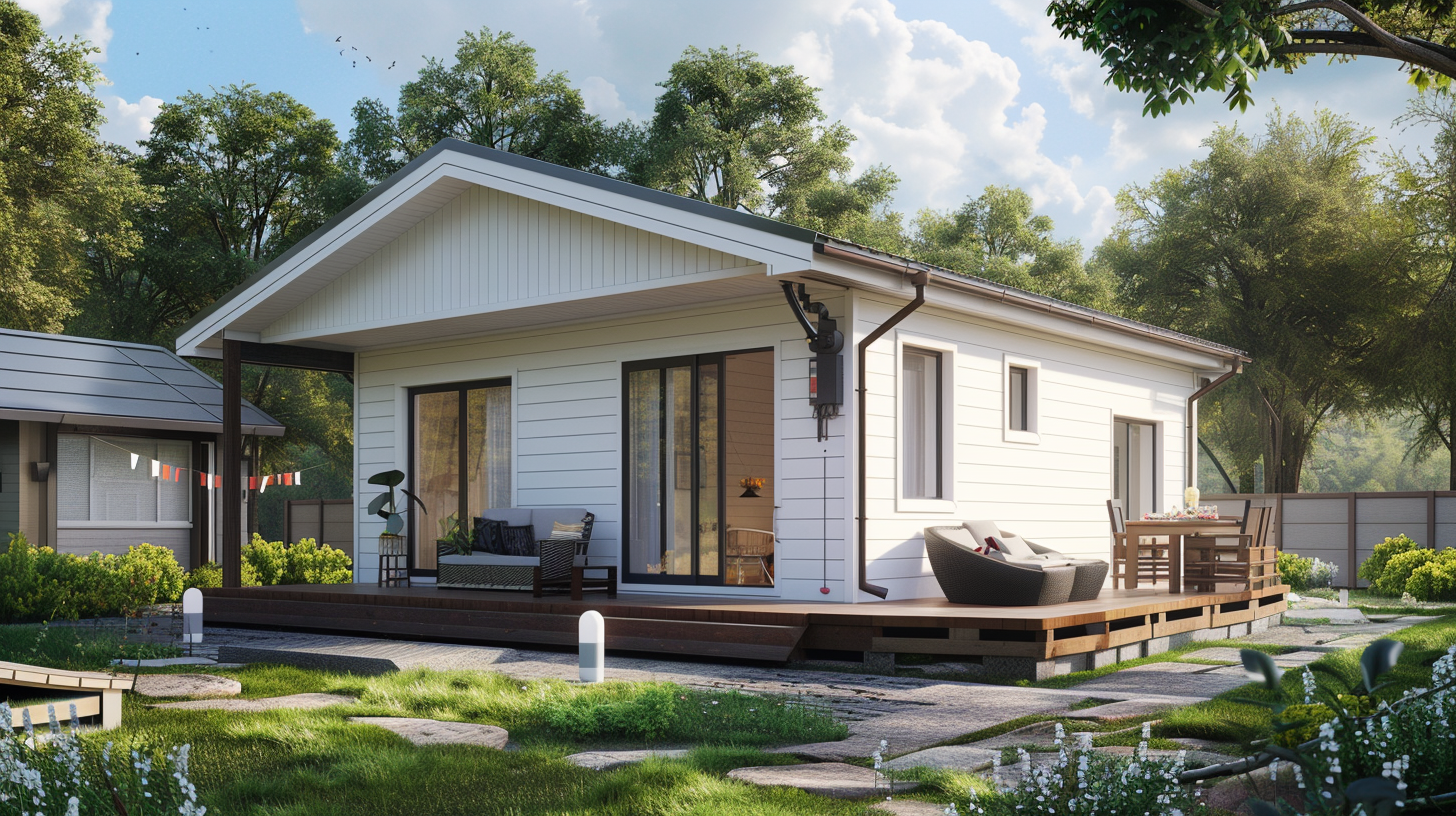 A modern white house with a wooden deck, outdoor seating, a dining table with chairs, and a garden with a pathway, surrounded by trees.