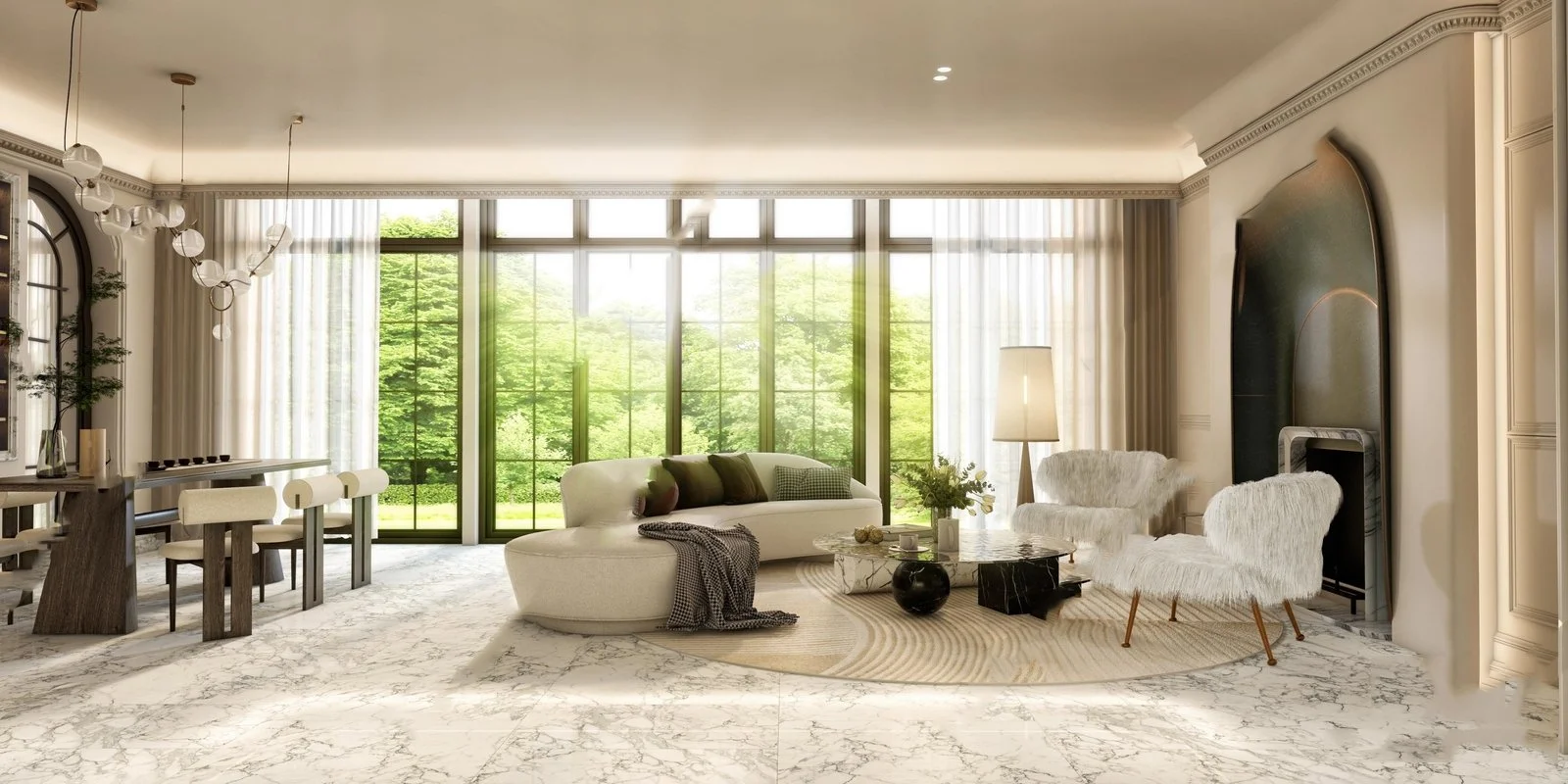 Spacious living room with large floor-to-ceiling windows showing green trees outside, white marble flooring, modern sofa, fur-covered chairs, round coffee table, and elegant pendant lights.