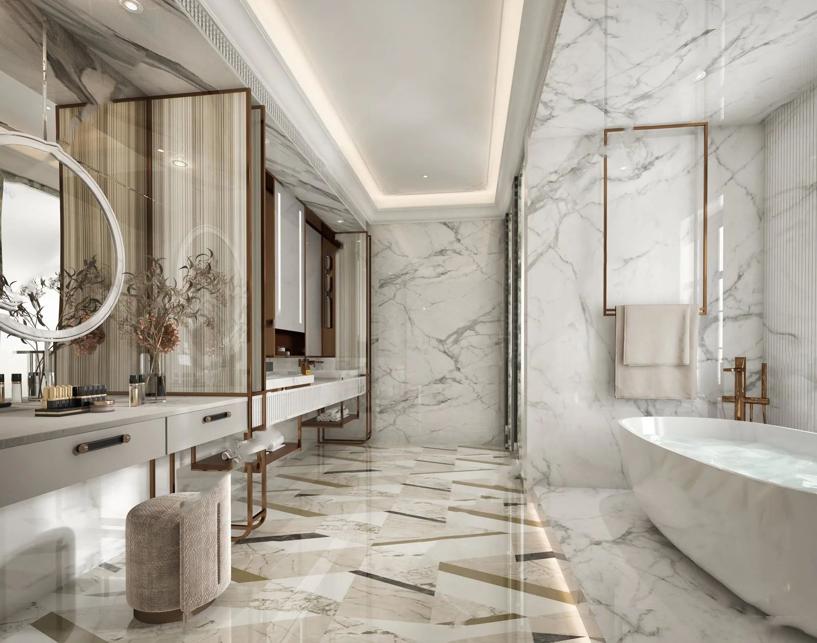 Luxurious bathroom featuring marble walls and floors, a freestanding bathtub, mirror, vanity with makeup products, towel hanging on a golden frame, and decorative dried plants.