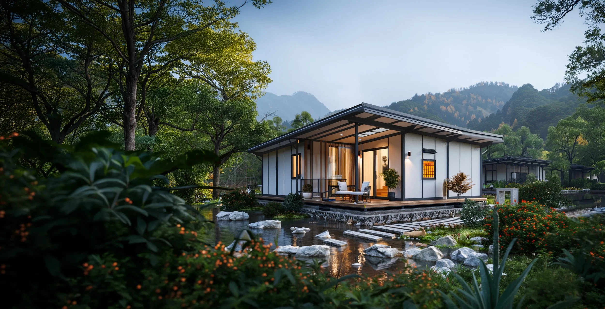 Modern house with a patio and outdoor seating surrounded by lush trees and a pond, with mountains in the background during daytime.