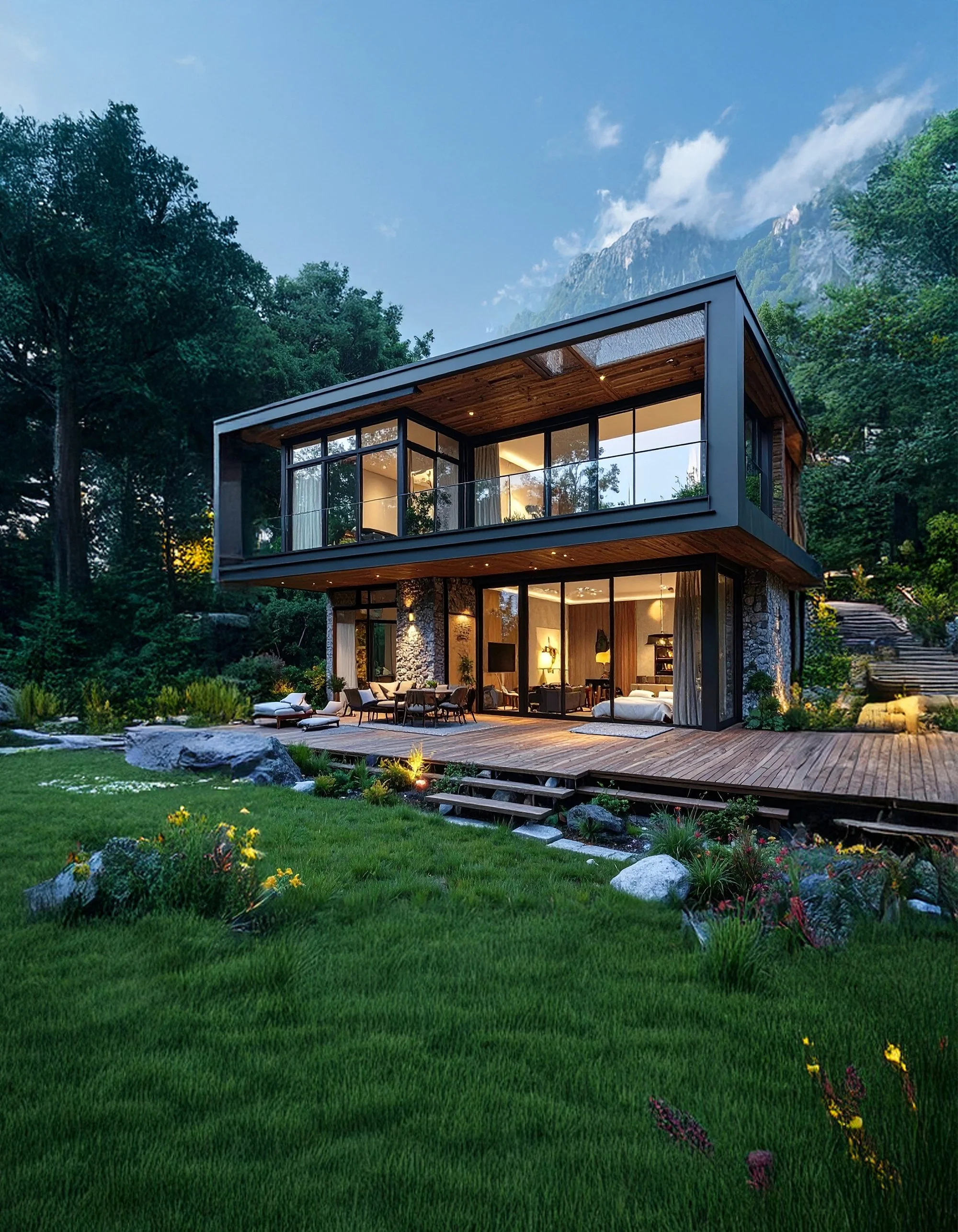 Modern two-story house with large glass windows and a wooden deck, surrounded by lush green grass, trees, and colorful flowers, with mountains and a blue sky in the background.