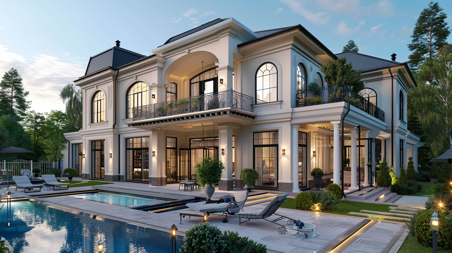 Luxury two-story house with large windows and balconies, surrounded by trees, with a backyard featuring a swimming pool, lounge chairs, and outdoor lighting.