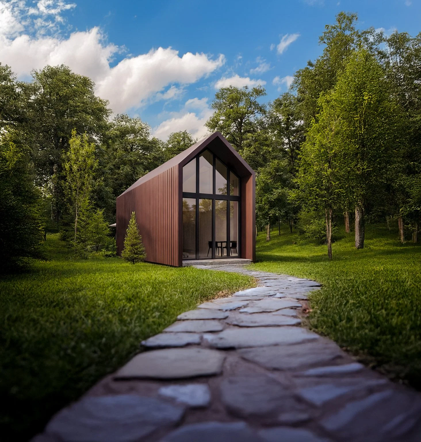 Modern house with a tall pointed roof and large glass windows, situated in a lush green forest with a stone pathway leading to it, under a partly cloudy sky.