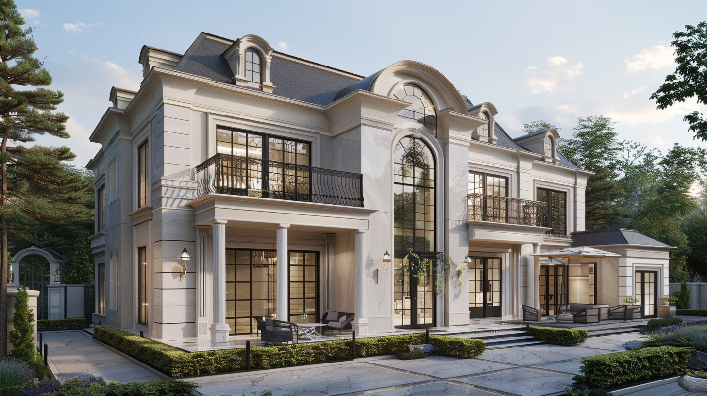 A large, elegant two-story house with white exterior, tall windows, and a gray mansard roof. It features balconies with black wrought iron railings and a front porch with columns. Well-maintained landscaping with bushes, trees, and stone walkways sur