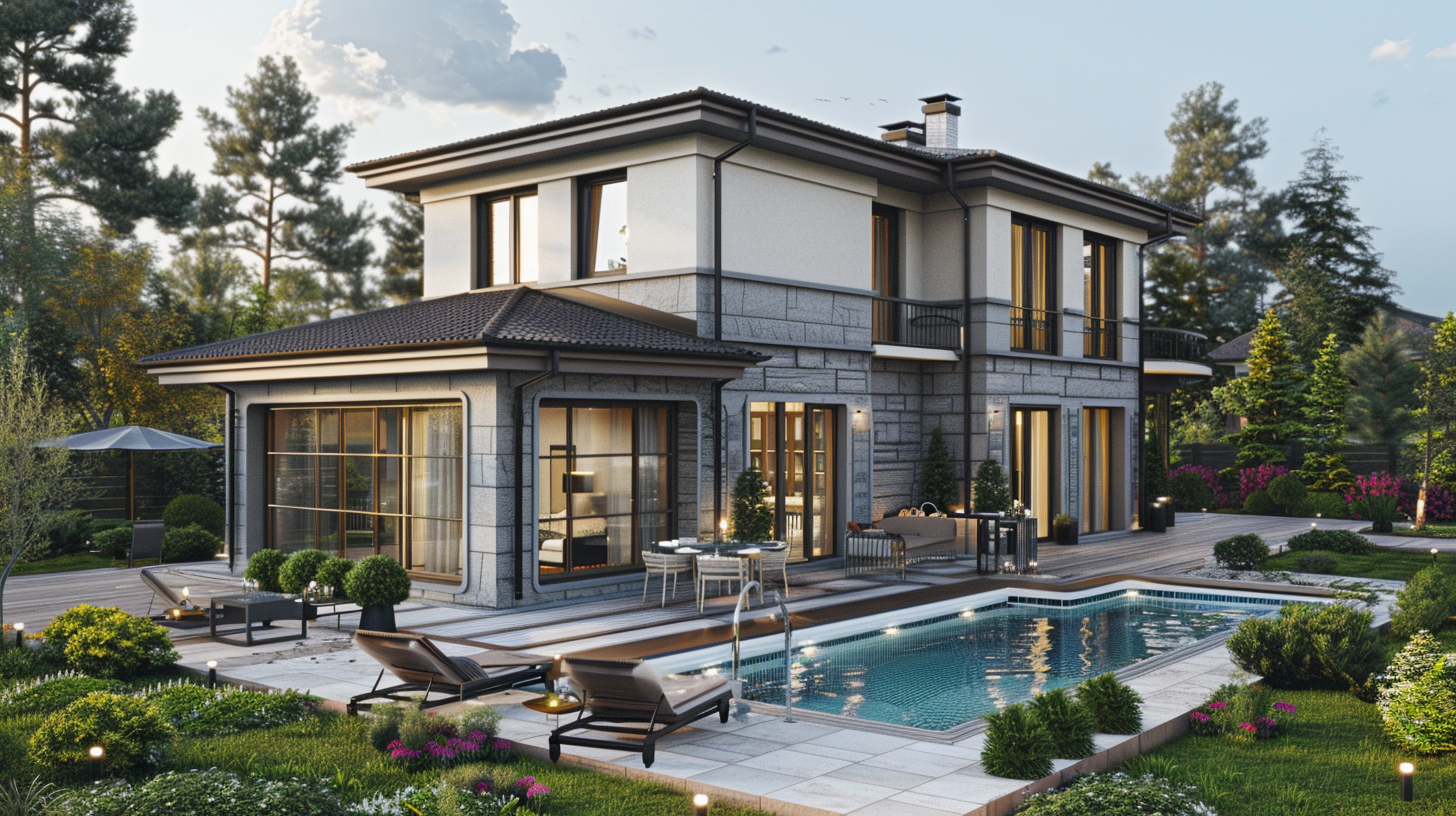 A modern two-story house with a swimming pool in the backyard, surrounded by landscaped greenery and outdoor furniture.
