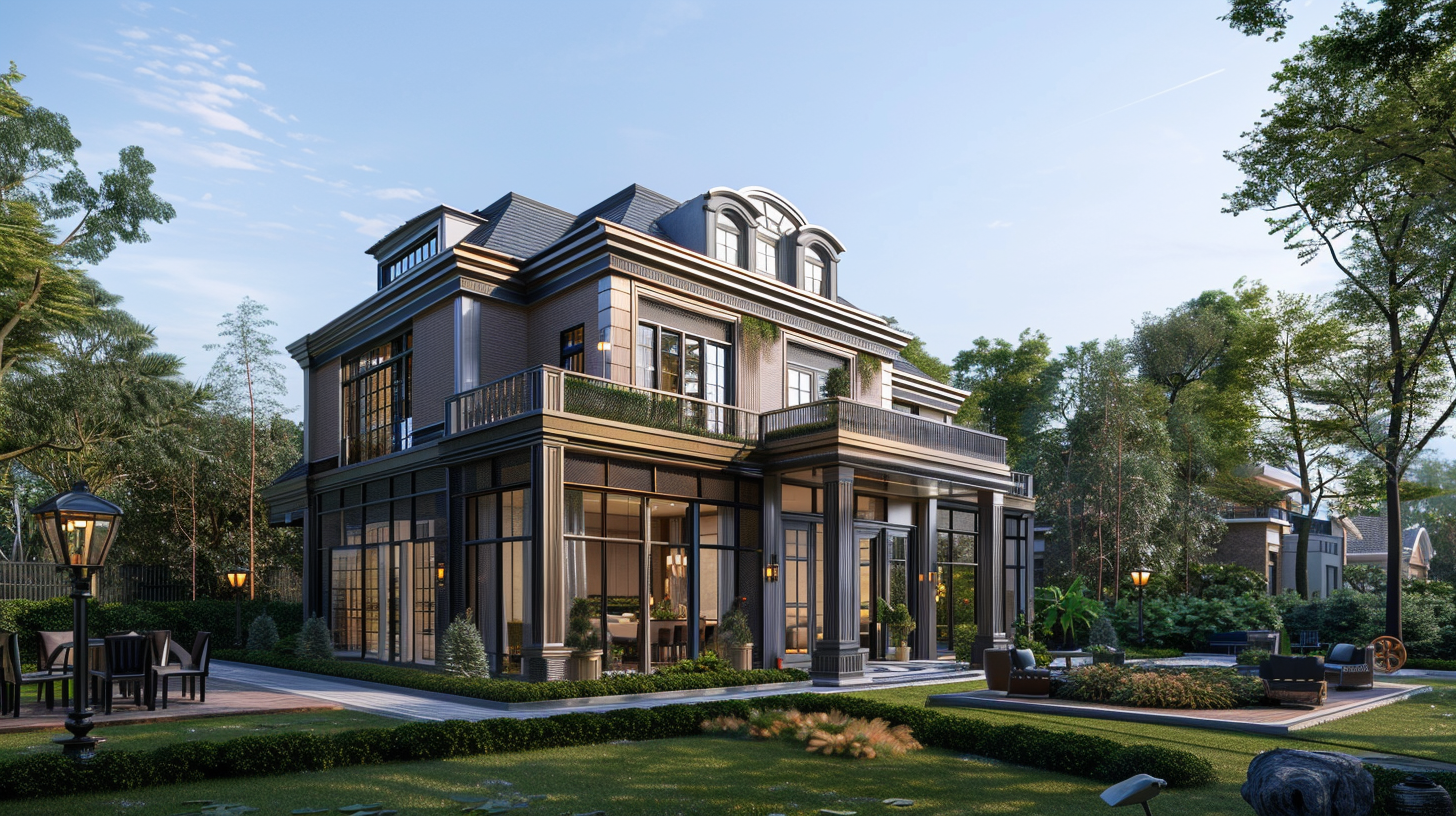A large modern house with multiple levels, glass walls, and a rooftop balcony, surrounded by a well-maintained garden with outdoor seating areas, trees, and pathway lighting.