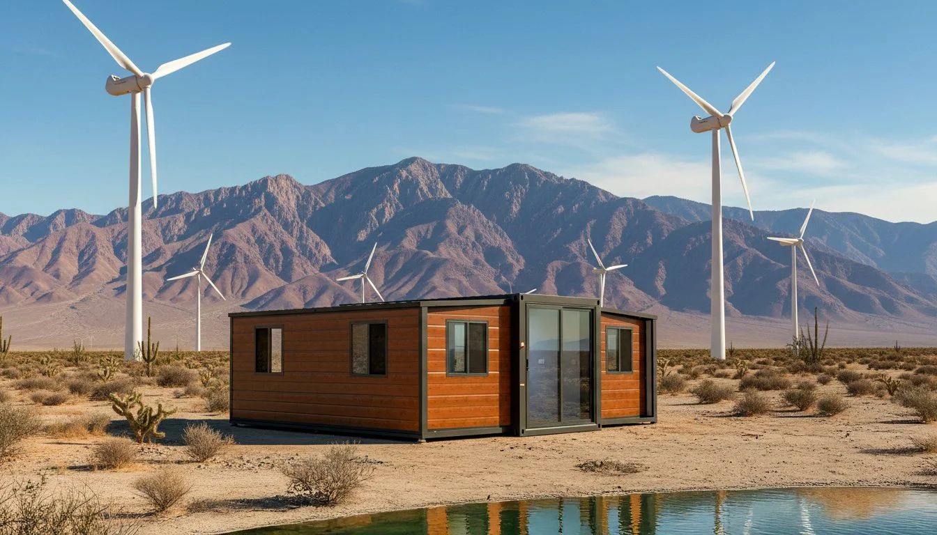 A modern tiny house with wooden exterior and glass doors in a desert landscape, wind turbines, dry shrubs, and mountains in the background.