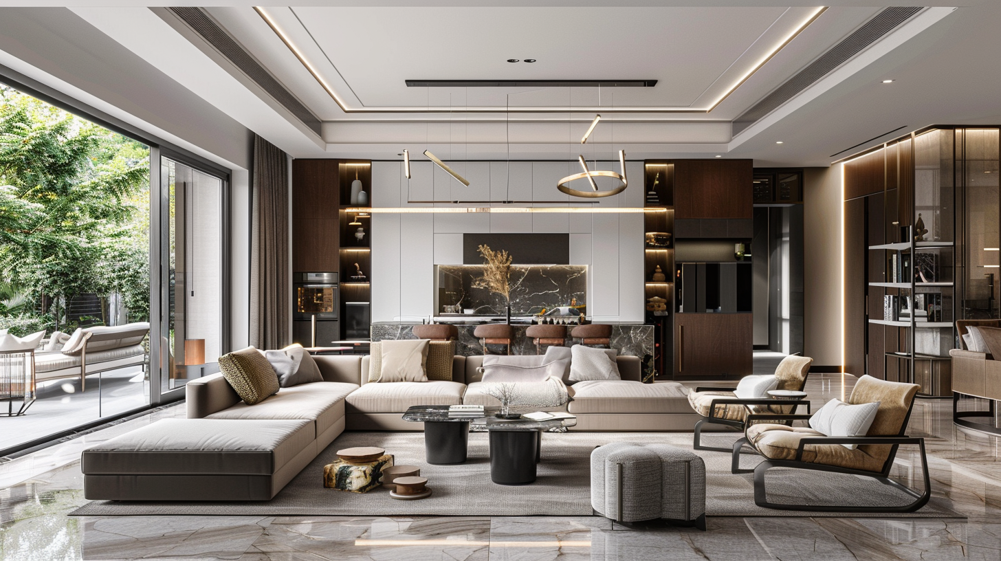 Modern living room with beige sectional sofa, armchairs, marble coffee tables, and large sliding glass doors opening to a patio with outdoor seating and greenery.