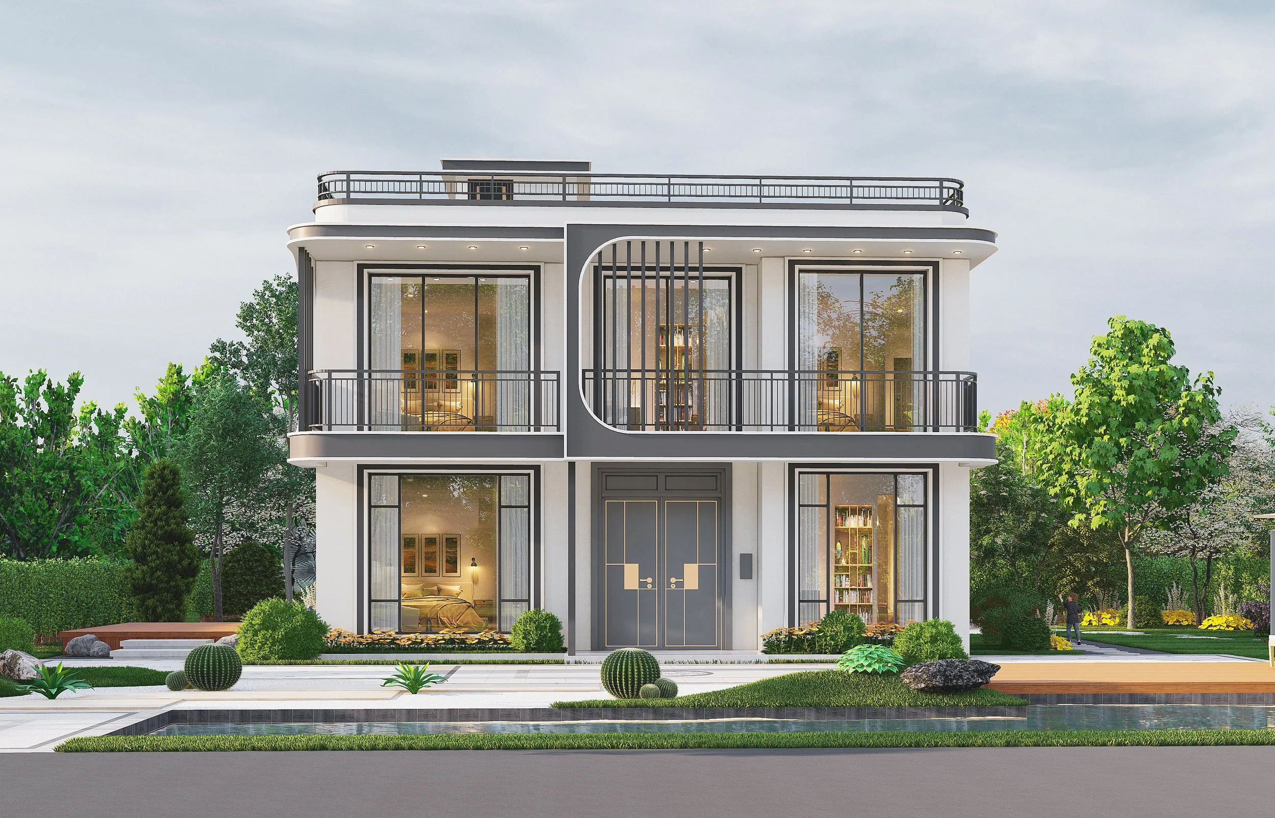 Modern multi-story house with large glass windows, balconies, and landscaped front yard with cacti and shrubs.