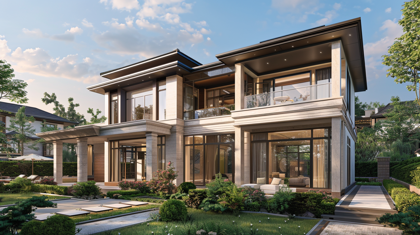 Modern two-story house with large glass windows, outdoor patio, and landscaped garden during sunset.