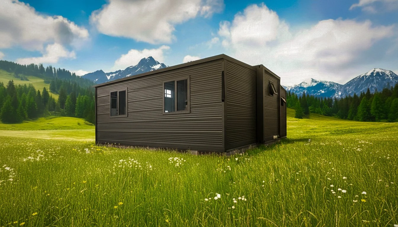 A black metal tiny house sits in a green meadow with wildflowers, surrounded by trees and mountains under a partly cloudy sky.