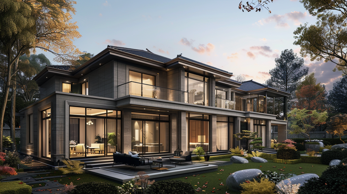 Modern multi-story house with large glass windows and a landscaped garden featuring rocks and shrubs, during sunset.
