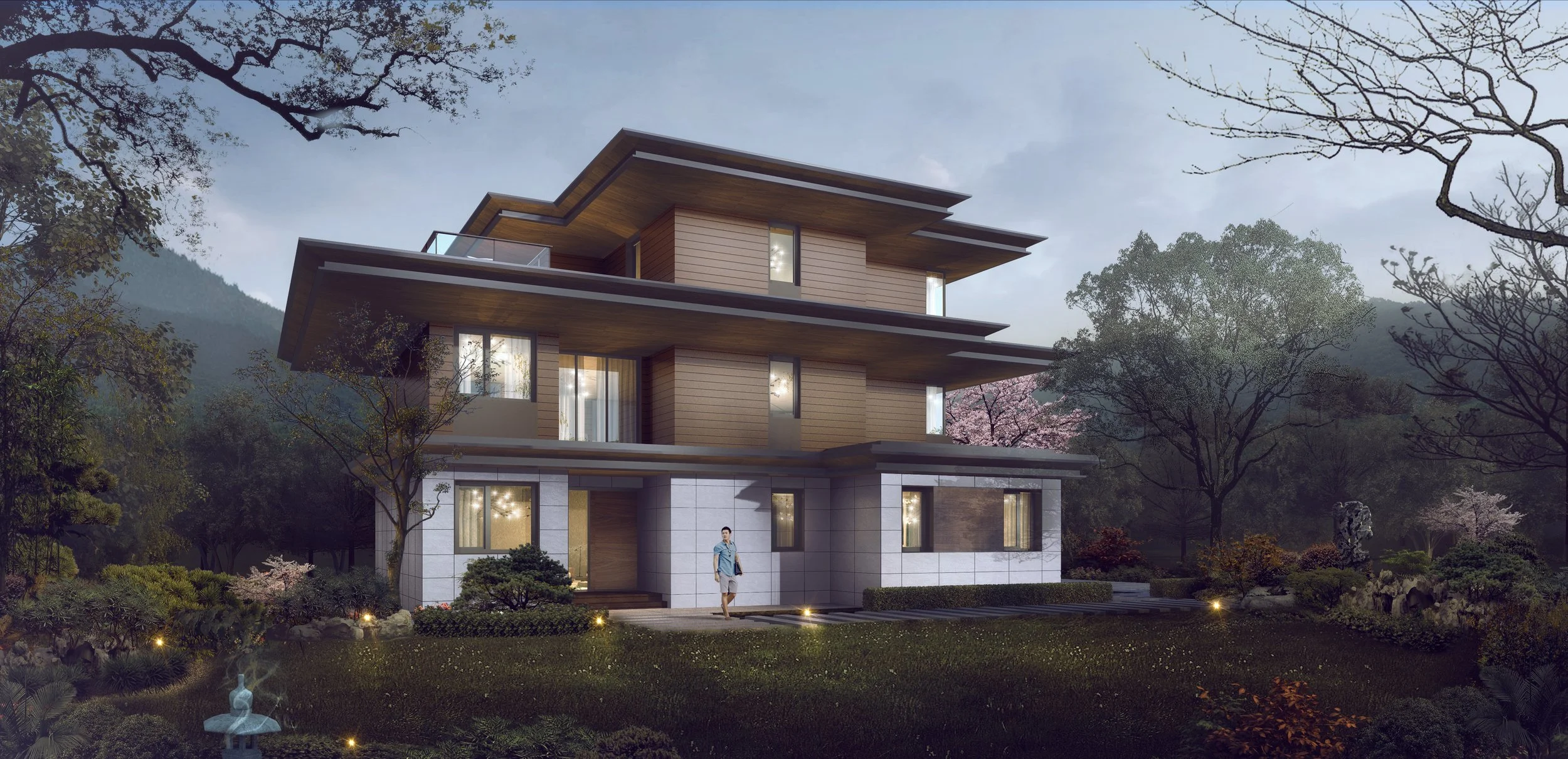 A modern multi-story house with large windows and a flat roof, surrounded by trees and landscaped garden, during twilight.
