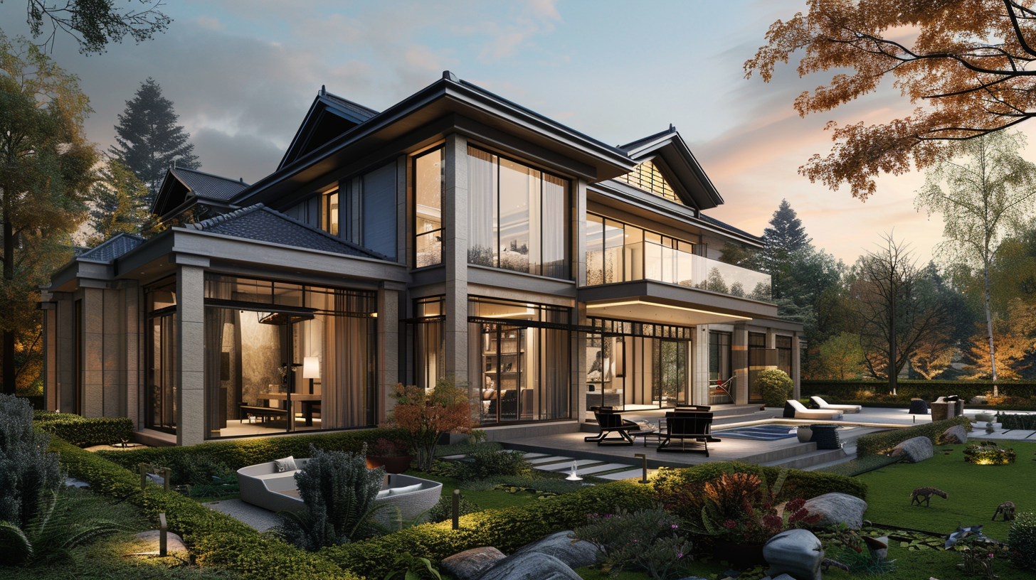 Modern two-story house with large glass windows, surrounded by landscaped garden and outdoor seating, during sunset.