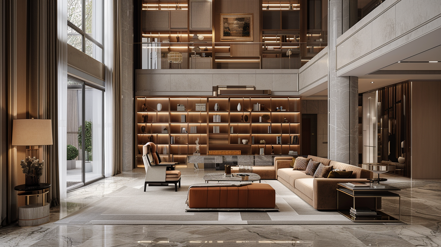 Luxurious modern living room with tall windows, beige sofas, an armchair, a large bookshelf with decorative items, a marble coffee table, and a balcony with plants.