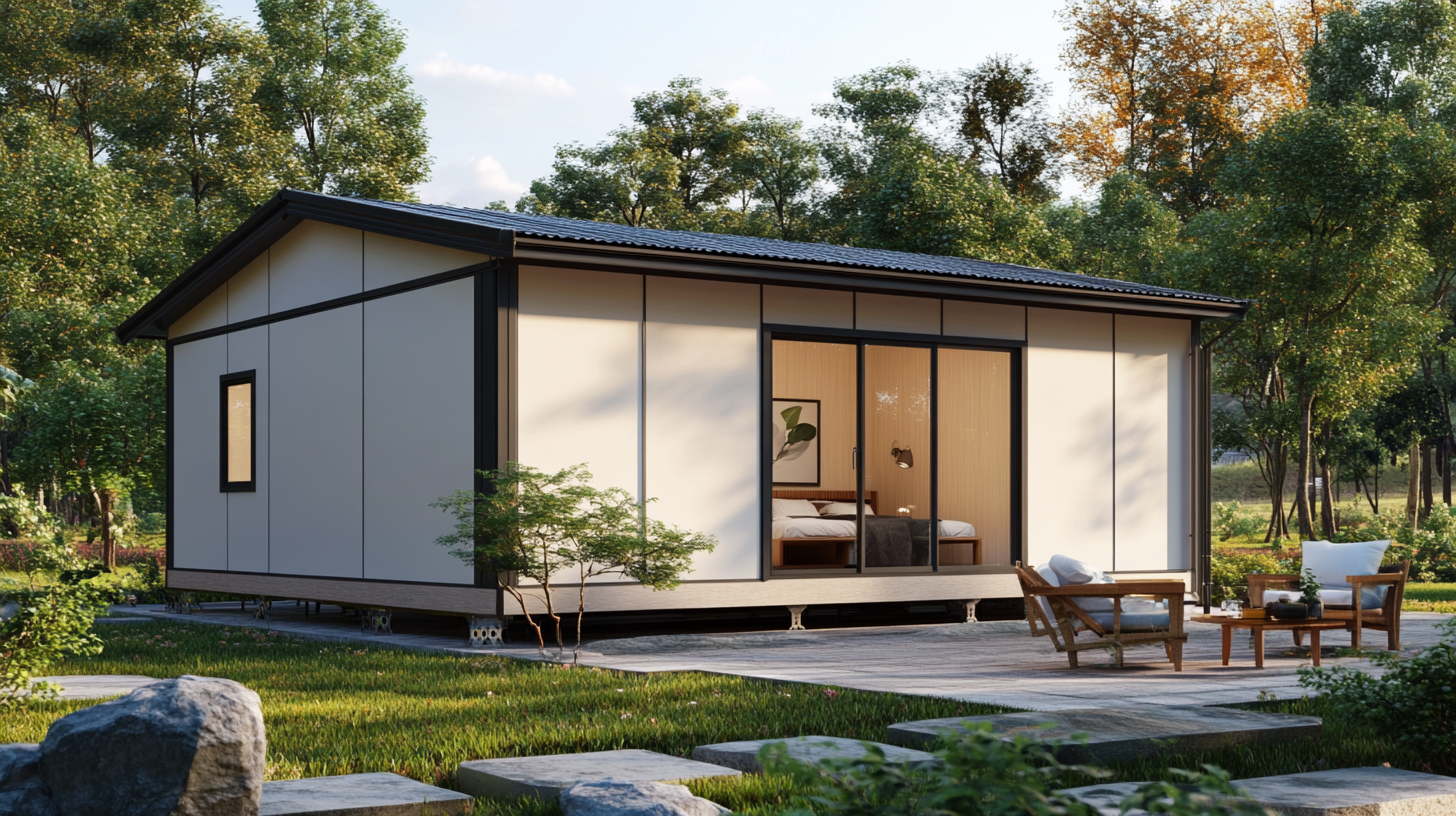 Modern tiny house with sliding glass door and outdoor seating area surrounded by trees.