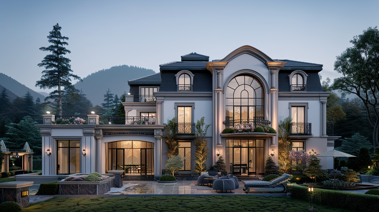Luxury mansion with large glass windows, landscaped garden, outdoor seating, and mountain backdrop at dusk.