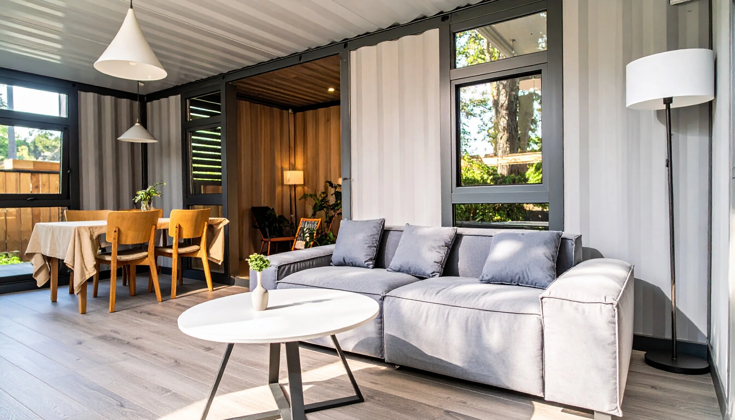 A cozy living room with a gray sectional sofa, a white round coffee table, and large windows showing green trees outside. There is a wooden dining table with chairs in the background, and a wooden wall with a lamp and some plants.
