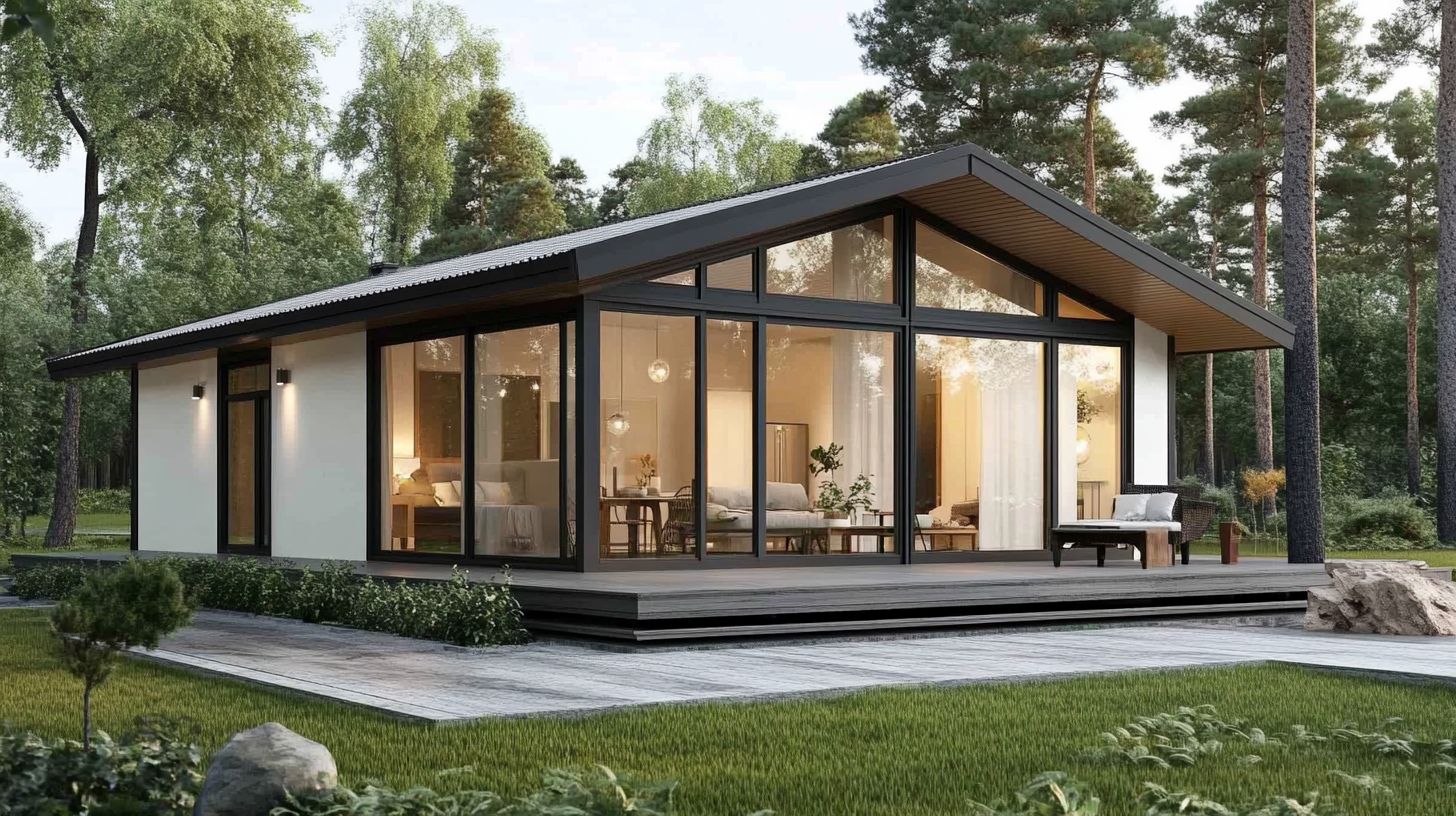 Modern house with large glass windows surrounded by greenery and trees, with a wooden deck in the front.