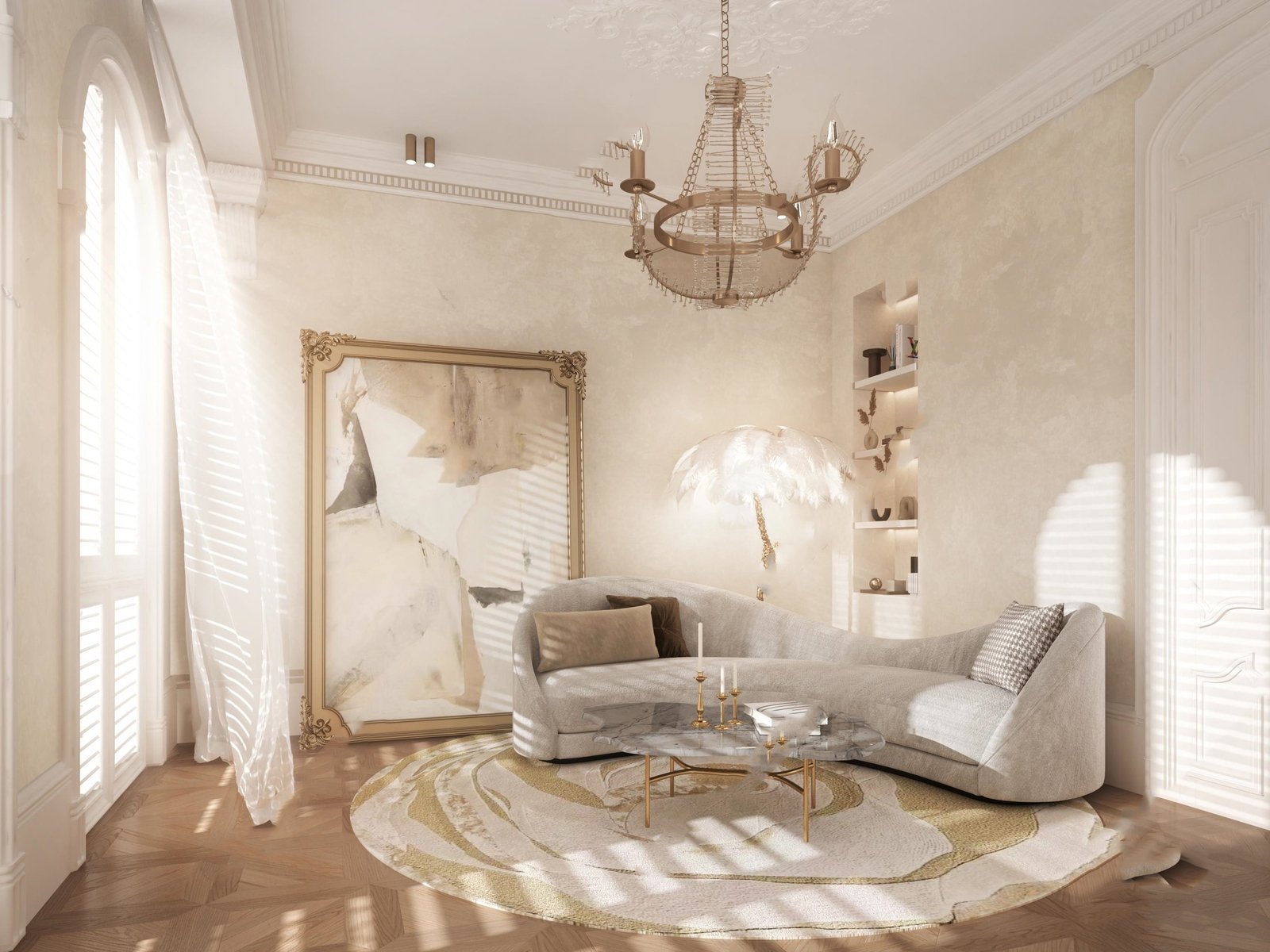 Elegant living room with a curved gray sofa, a marble coffee table, a tall ornate painting, and soft lighting.