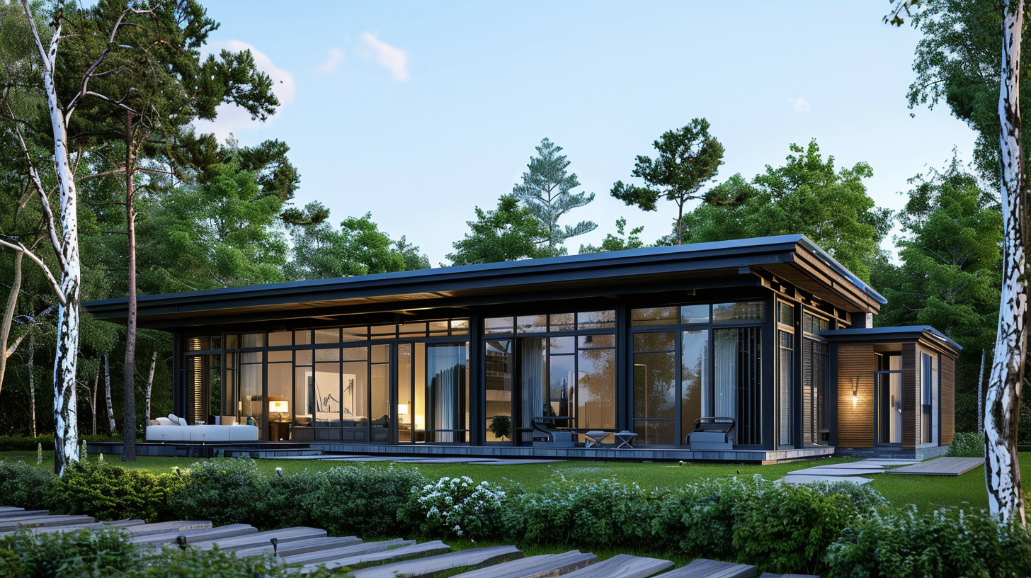 Modern house with large glass windows surrounded by trees and a well-maintained lawn, evening lighting.