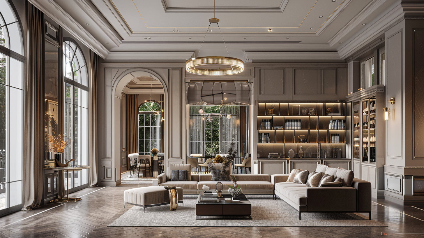 Elegant living room with high ceilings, large windows with curtains, modern chandelier, and built-in white bookcase filled with books and decorative items. There is a white sectional sofa with pillows, a coffee table with decorative items, and a rug.