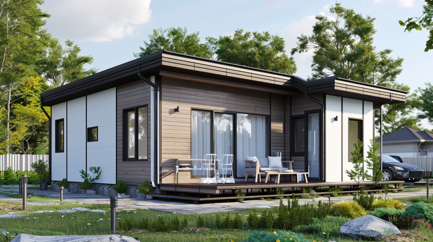 Modern single-story house with a deck, outdoor seating, surrounded by greenery and trees.