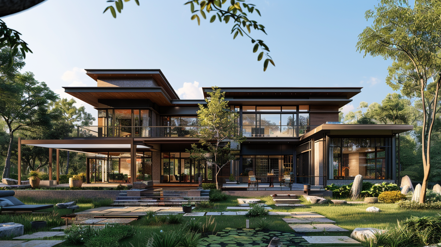 Modern multi-story house with large glass windows, surrounded by lush greenery and a landscaped garden with stepping stones and water features.